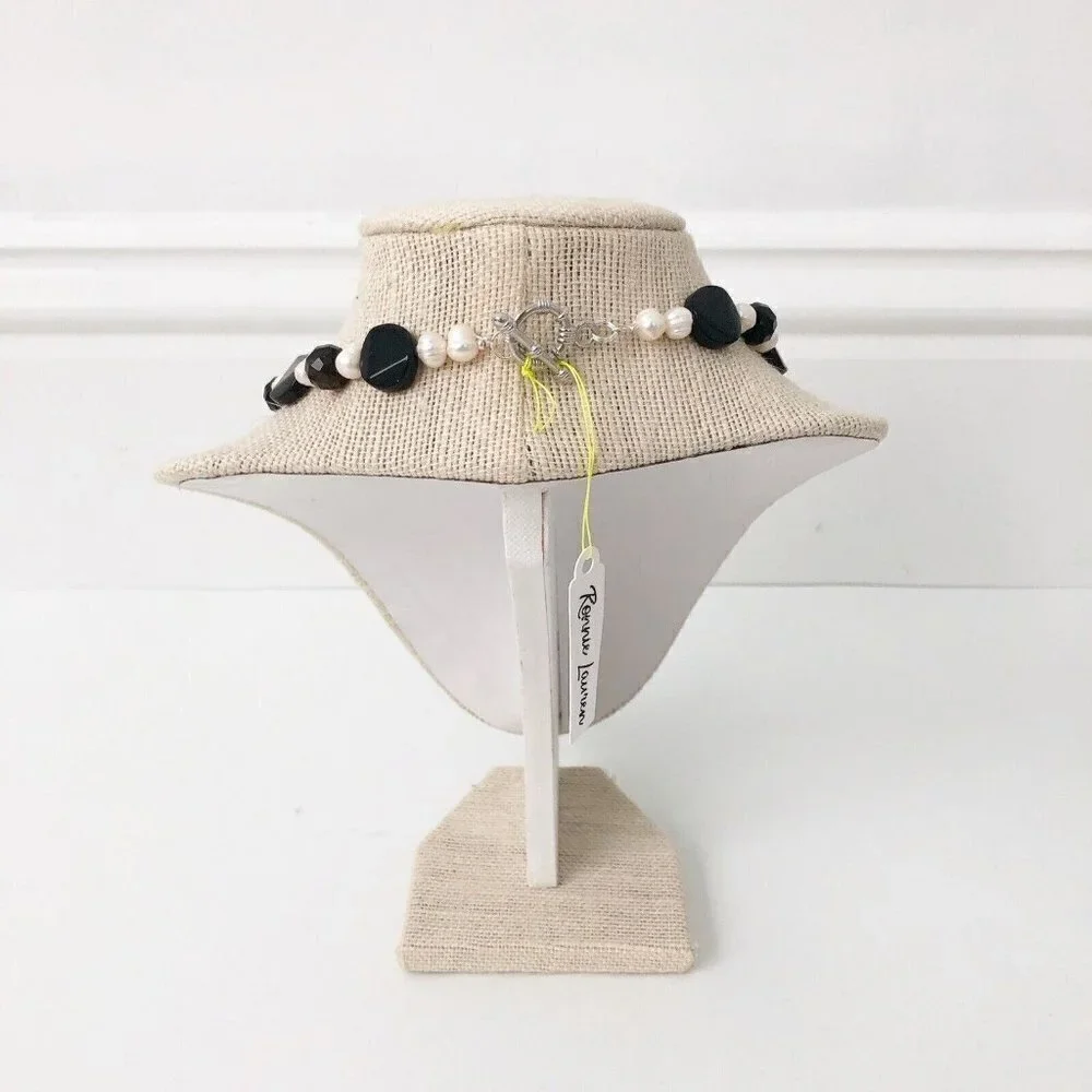 NWT Genuine Black Onyx, Pearls & Black Crystal Necklace Beaded Black White